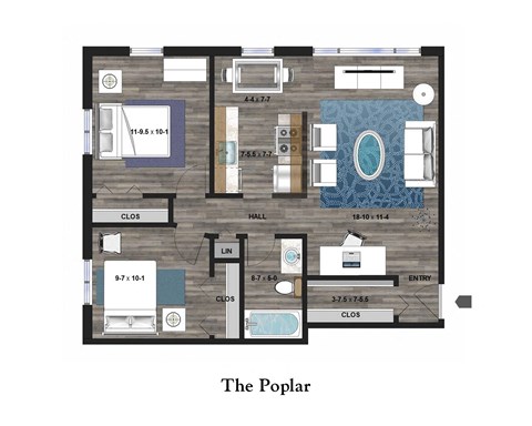 A floor plan of a house with a living room, dining room, kitchen, and two bedrooms.